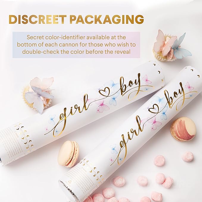PrimePure Gender Reveal Confetti Cannon - Butterfly Shaped Confetti Poppers - Pink, 2 Pack - Baby Girl Gender Reveal Party Poppers Shooters - Pink Paper Butterflies Baby Shower Party Supplies Pop Gun
