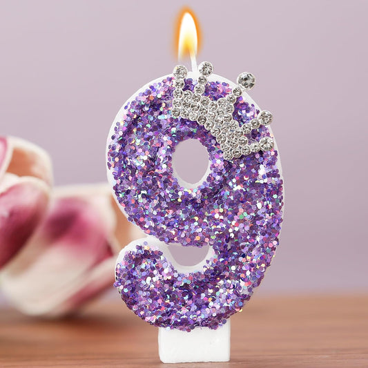 Purple Crown Birthday Candle, Glitter Number 9 Cake Topper With Sequins for Anniversary Celebrations Supplies