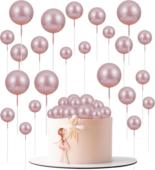 30Pcs Mini Balloon Cake Topper Glitter Foam Ball Cake Picks Decorations Faux Pearl Balls DIY Cake Insert Topper Baking Decoration for Baby Shower Wedding Anniversary Birthday Party Supplies Light Rose
