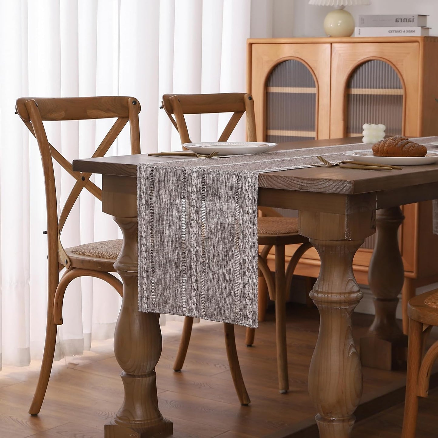 Gernaice Boho Table Runner, Rustic Embroidered Cotton Linen Farmhouse Table Runners for Holiday Wedding Dining Living Room Bedroom Home Decor, 108" L X 13" W Dark Brown