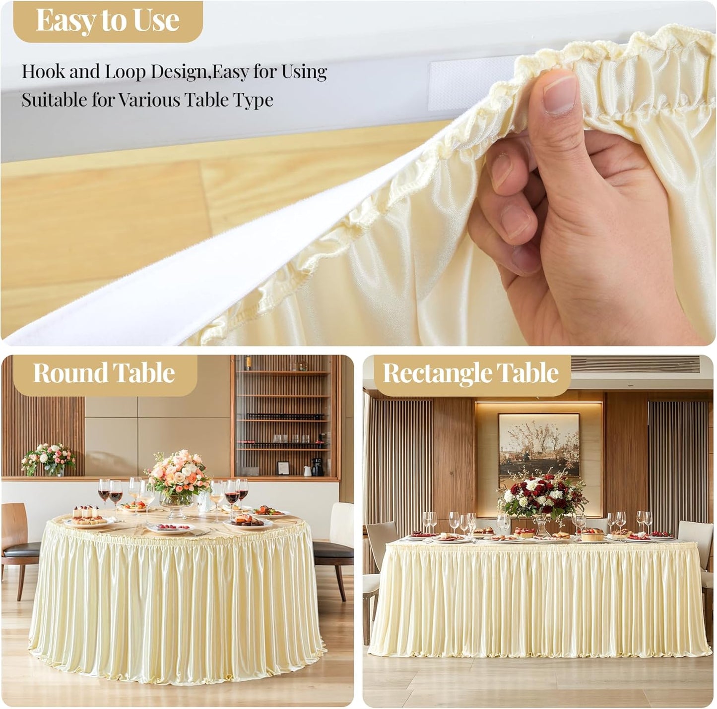 Wish Care 9ft Champagne Satin Table Skirt for Rectangle Tables Wrinkle Free Glitter Desk Skirts Pleated Ruffle Tablecloth for Wedding Birthday Baby Bridal Shower Party Cake Table Skirting Decorations
