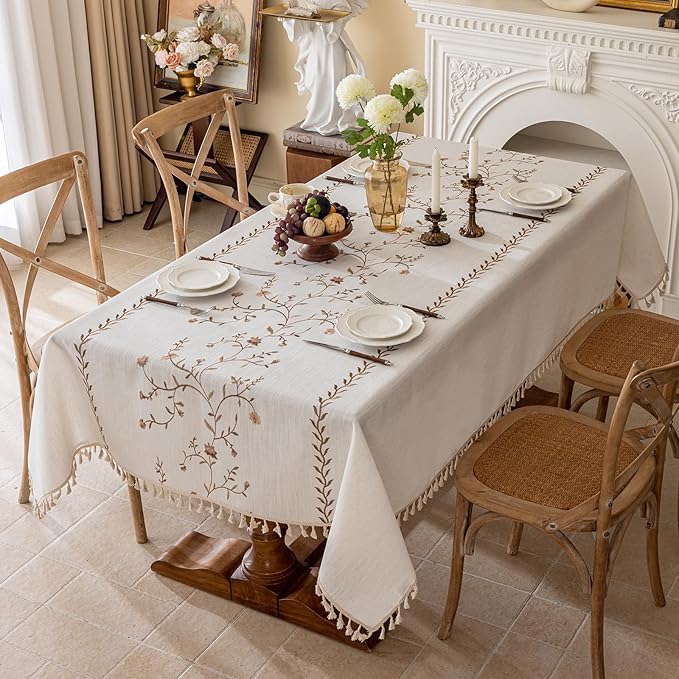 Joyfol Day Linen Waterproof Tablecloth with Tassels, Rustic Farmhouse Flowers Embroidery Table Cloths for Rectangle Tables, Heavy Weight Spill-Proof Table Covers, Coffee Florals, 55''x 86''
