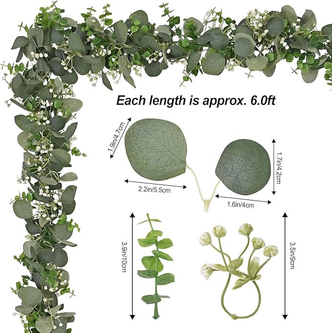 Dolicer 6 Packs 6FT Artificial Eucalyptus Garland, Faux Greenery Garland Fake Vines Hanging Silver Dollar Eucalyptus Leaves for Wedding Backdrop Arch Table Wall Party Home Decor