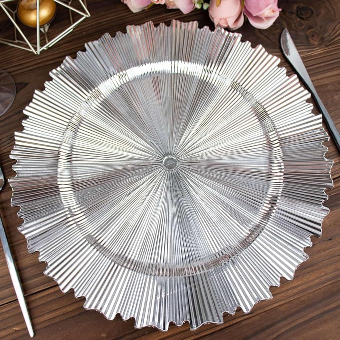 Efavormart 6 Pack | 13" Metallic Silver Sunray Acrylic Plastic Serving Plates, Round Scalloped Rim Disposable Charger Plates