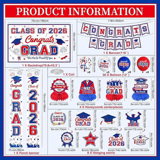 Graduation Decorations Class of 2026 White Blue and Red Graduation Party Decor Set include Congrats Grad Banner Backdrop Class of 2026 Balloons Party Supplies