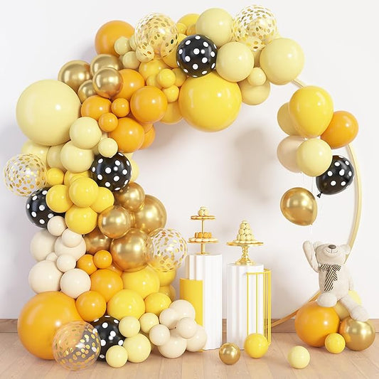 Amandir 153pcs Bee Balloon Arch Garland Kit, Different Sizes 18 12 10 5 inch Mustard Pastel Yellow Gold Confetti Balloons for What Will It Bee Gender Reveal Sunflower Honey Birthday Party Decorations