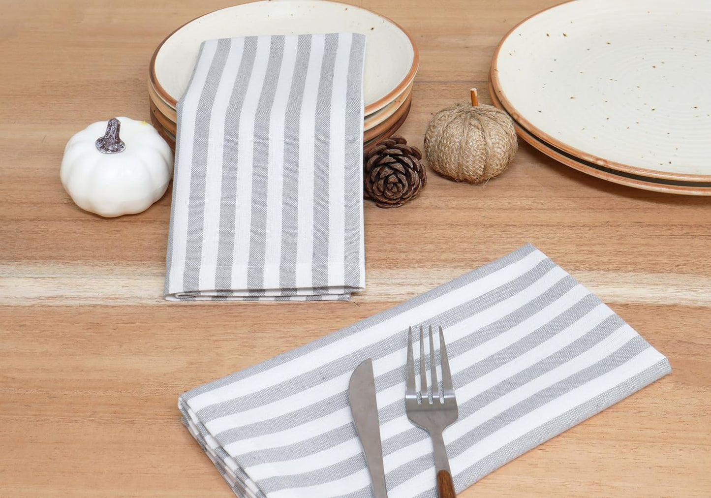PurpleEssences Plain Striped Cloth Napkins - Set of 12-100% Cotton - 18 x 18 Inch - Fall Thanksgiving - Perfect Everyday Use Dinner Napkin - Gray and White