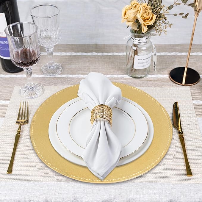 MAONAME 13" Gold Charger Plates Set of 12, Round Charger for Dinner Plates, Plate Chargers with Beaded Rim, Plastic Table Chargers for Wedding, Party