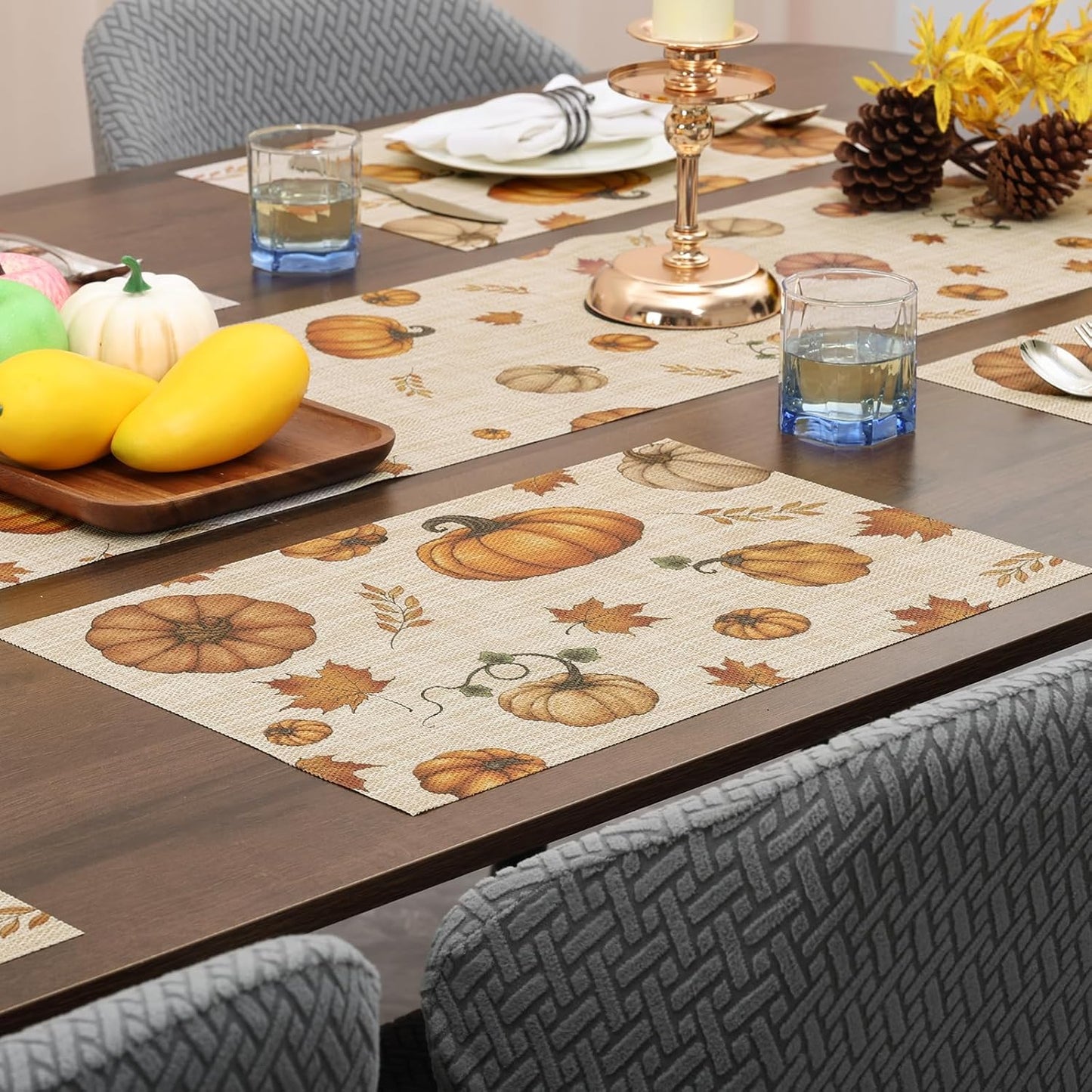 Thanksgiving Placemats Set of 6 Fall Table Mats Pumpkin Maple Leaves Table Mats Washable Non-Slip Heatproof Woven Placemats for Dining Table (17.7" X 11.8")