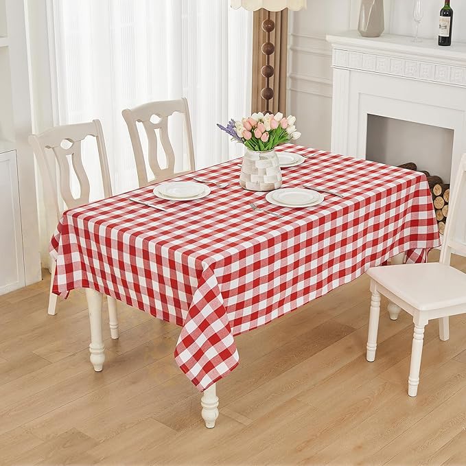 BALCONY & FALCON Rectangle Gingham Table Cloth – Water-Resistant Cotton Blend, Spill-Proof & Washable Checkered Tablecloth for Kitchen, Dining, Picnic, Party (Red White, 57x118 Inch)