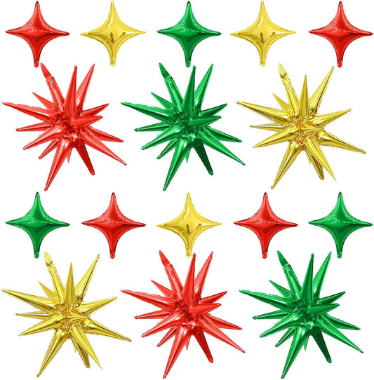 Red Green Gold Star Balloons Kit - 6 22-Inch Cone Foil and 10 10-Inch Four Pointed Balloons for Christmas Birthday Anniversary Party Decorations