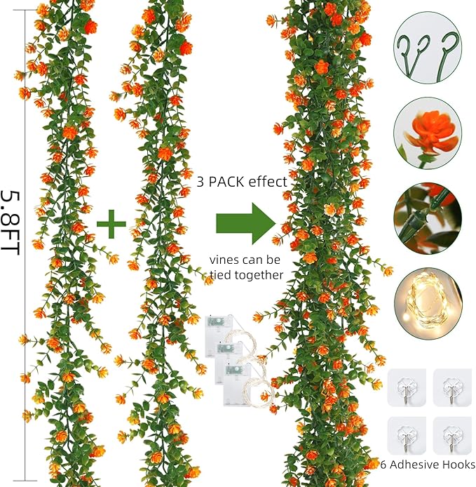 RECUTMS Faux Spring Eucalyptus Garland Artificial Hanging Vines Wedding Greenery Garland with Lights Faux Plants Indoor Flower Vine for Wall Fireplace Table Porch Door Decoration(Orange)