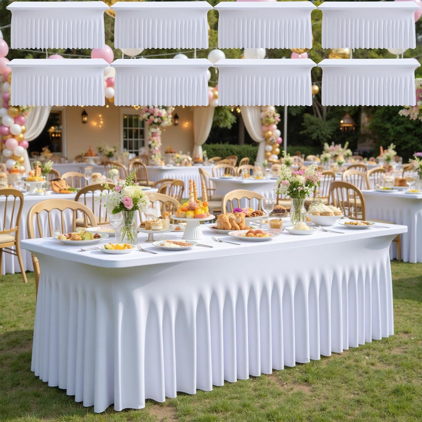 8pack White Spandex Tablecloths for 6ft Rectangle Tables, Wrinkle Free Classy Table Skirt Stretchy 6 Foot Fitted Table Cloths Covers for Weddings Birthday Thanksgiving Party Events Banquette