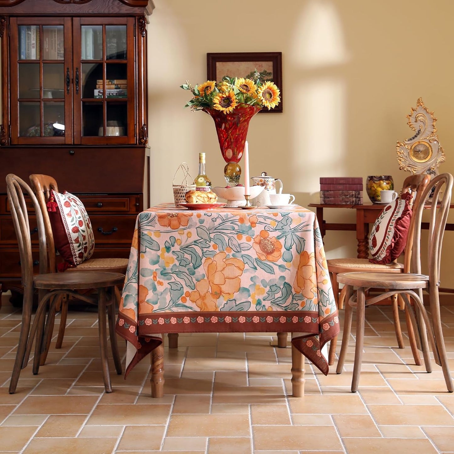 Vintage Linen Rectangle Tablecloth,Italian Orange Floral Pattern Soft and Wrinkle Resistan Table Cloth,Decor Table Cover for Kitchen,Dining,Thanksgiving,Christmas,63"*87"-Positano