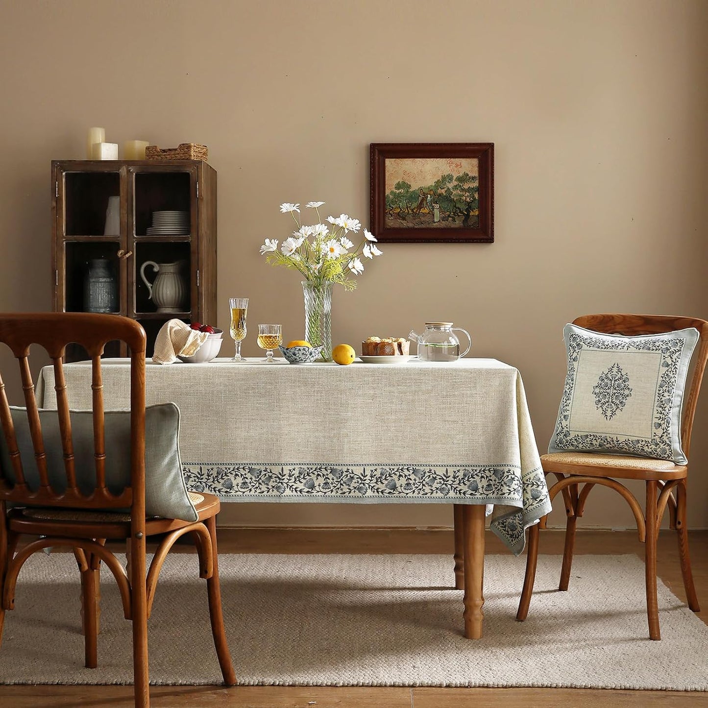ISAENNE Designer Vintage Linen Elegant Square Table Cloth,Chinoiserie Floral Tablecloth,Wrinkle Resistant Decor Table Cover for Dining Thanksgiving Kitchen Christmas,67"*67"-Segerman B