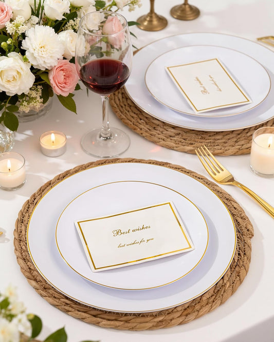 Nervure 100 Pieces Gold Plastic Plates - 10.25 inch Gold Dinner Plates - Heavyweight White and Gold Disposable Plates Ideal for Wedding & Party & Thanksgiving