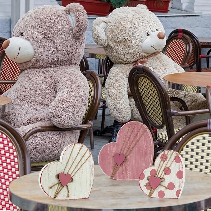 3 Pcs Valentines Day Decor for Table Centerpiece Vintage Wooden Heart Shaped Sign for Tiered Tray Decor with Jute Twine Bows Rustic Farmhouse Boho Valentine Decors for Home Couple Lover Gifts