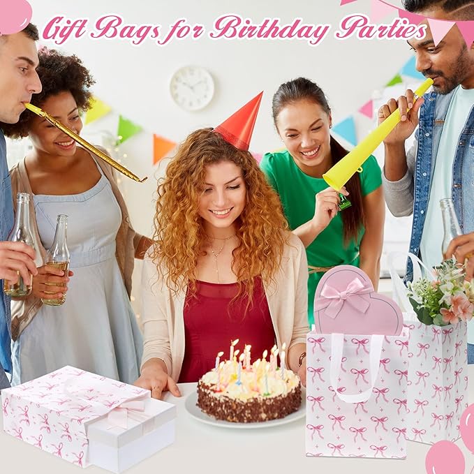 Supervitae 24 Pack Coquette Pink Bow Gift Bags Medium Bow Themed Party Favor Bags Reusable Non Woven Goodie Totes for Birthday Bachelorette Baby Shower Thanksgiving(9.8" x 7.9" x 3.9")
