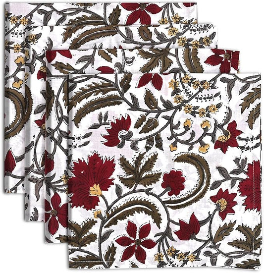 Ridhi Prune Red Hand Block Print 100% Cotton Napkins 18" x 18" (Set of 4) Reuseable Kitchen Napkins Cloth Decor Dinner Party Wedding Cocktail Gift for Spring, Easter