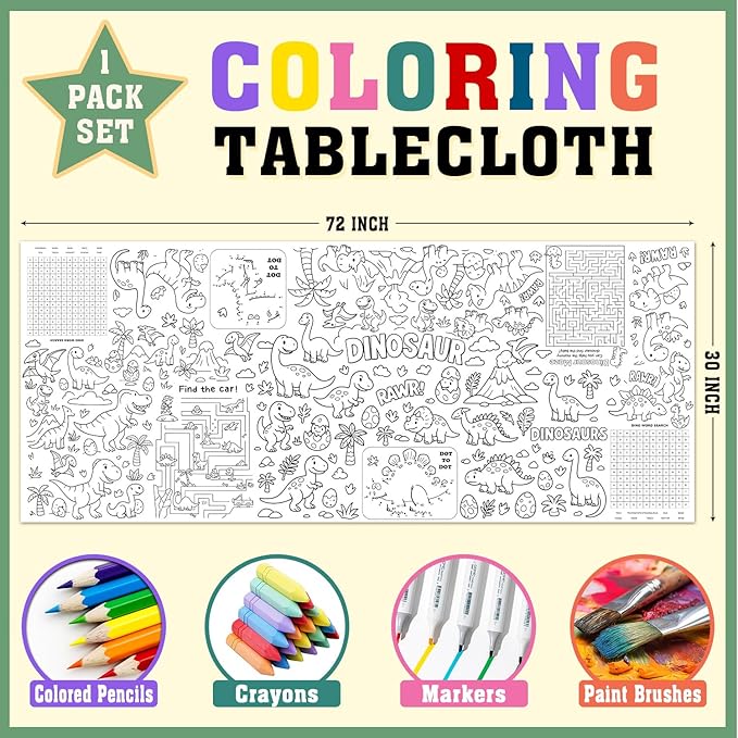 Dinosaur Coloring Tablecloth, Dinosaur Large Coloring Poster Tablecloth 30x72 Inch, Dinosaur Forest Themed Color-in Activities Games, Birthday Party Games for Classroom Home Party