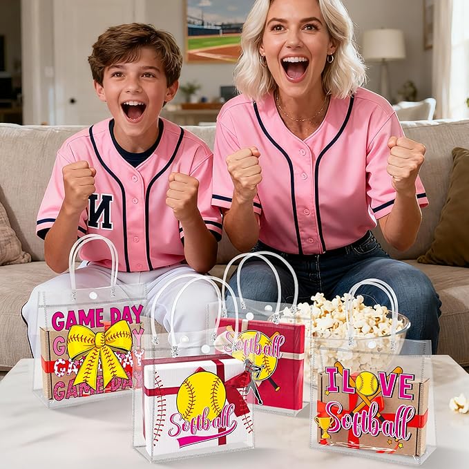H1vojoxo Softball Goodie Gift Bags - 24PCS Softball Clear PVC Gift Bags for Team Girls with Handle Reusable Sport Party Favors Team Birthday Gifts Bag Treat Snack Bag for Girls End of Season Gifts Bag