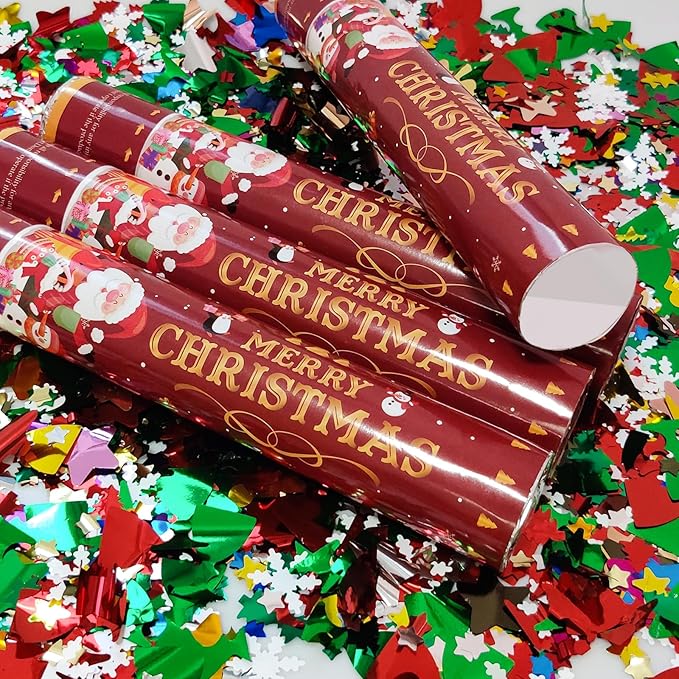 Christmas Confetti Cannon Party Poppers Shooters WORKKEEP Confetti Popper Blaster(4 pack) Xmas Confetti Poppers Compressed Air Popper for Christmas Eve, Christmas Party Decorations Birthday Xmas