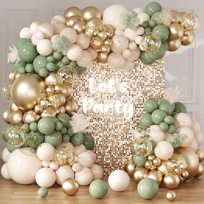 Sage Green and White Gold Balloons Arch Garland Kit 164Pcs Different Sizes Balloons 18 10 5 Inch for Baby Shower Bridal Shower Birthday Wedding Party Decorations