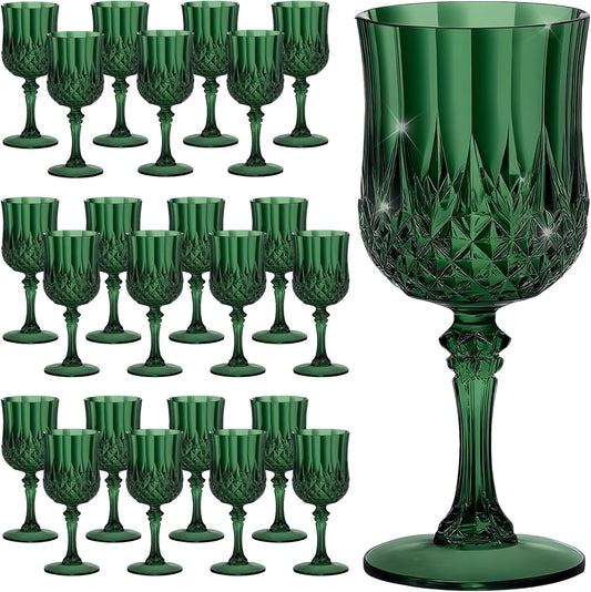 24PCS 7OZ Dark Green Wine Plastic Glasses, Drinking Champagne Glasses Flutes Crystal Vintage Water Unbreakable Goblets for Christmas, Wedding, Parties