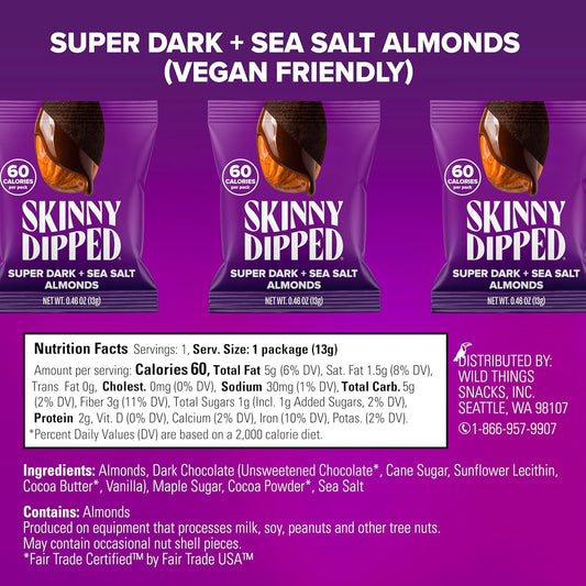 SkinnyDipped Super Dark Chocolate + Sea Salt Almonds, Vegan, Healthy Snack, Plant Protein, Gluten Free, 0.46 oz Mini Bags, Pack of 24