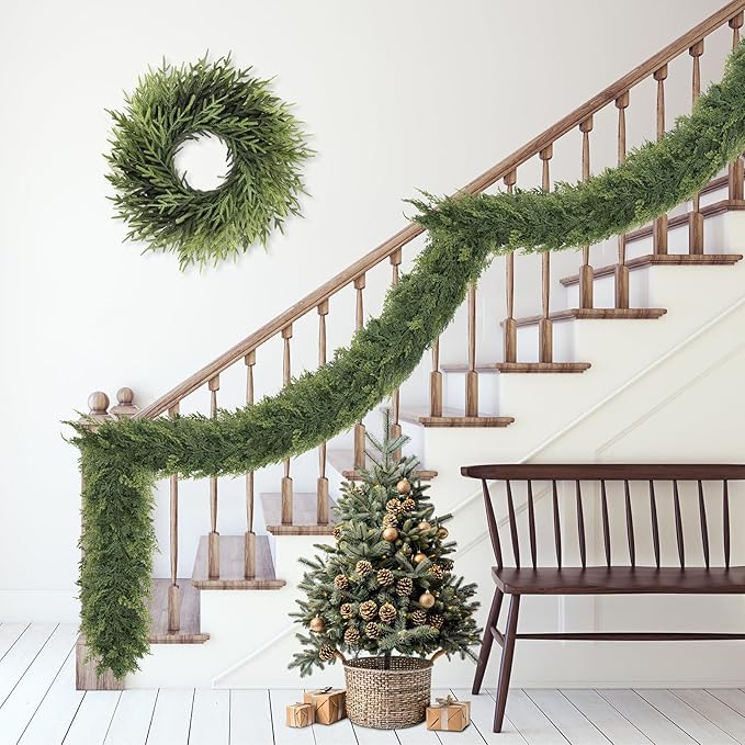 1 Pcs 6FT Christmas Cedar Garland Artificial Realistic Faux Green Cedar Pine Garland Real Touch Christmas Garland for Xmas Home Decoration Indoor Stairs Railing Fireplace Outdoor