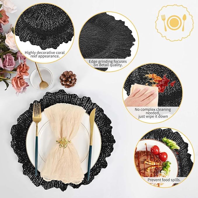 Pesonlook 24Pcs Black Charger Plates Round 13inch, Reef Plate Chargers for Dinner, Bulk Plastic Floral Table Charger Plates for Dinner Wedding Party Event Table Setting Decoration(Black)