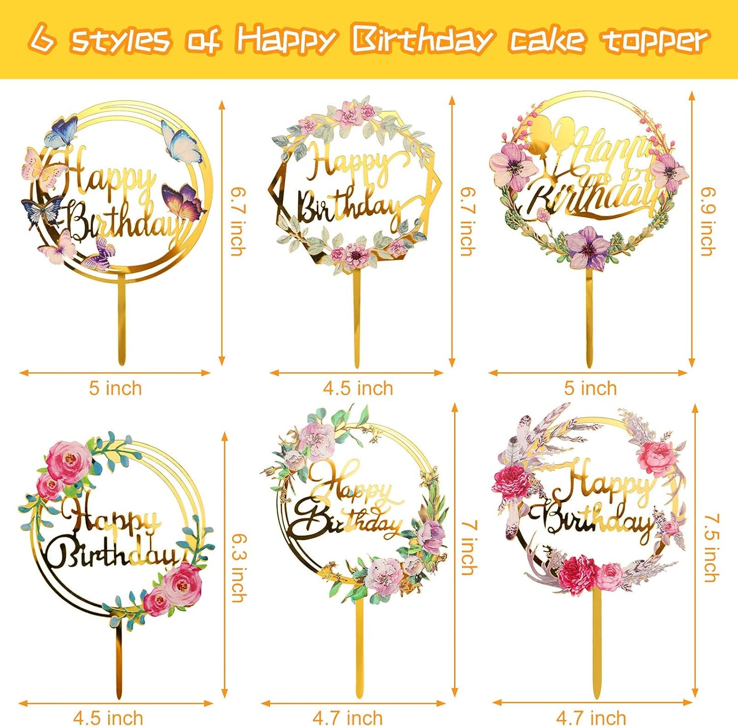 Jetec 6 Pieces Happy Birthday Cake Toppers Gold Flower Acrylic Cupcake Cake Toppers for Various Birthday Party Anniversary Pastries Decorations
