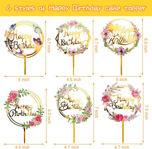 Jetec 6 Pieces Happy Birthday Cake Toppers Gold Flower Acrylic Cupcake Cake Toppers for Various Birthday Party Anniversary Pastries Decorations