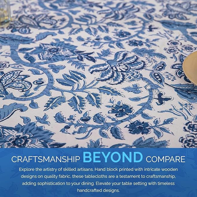 Labhanshi Indian Block Print Table Cloth|Jaipur Rectangle Floral Cotton Table Cover 60x90 Inch 6-Seater Spring Easter Kitchen Dining Tablecloth|Patio Table Cover for Event Wedding Banquet Parties|Blue