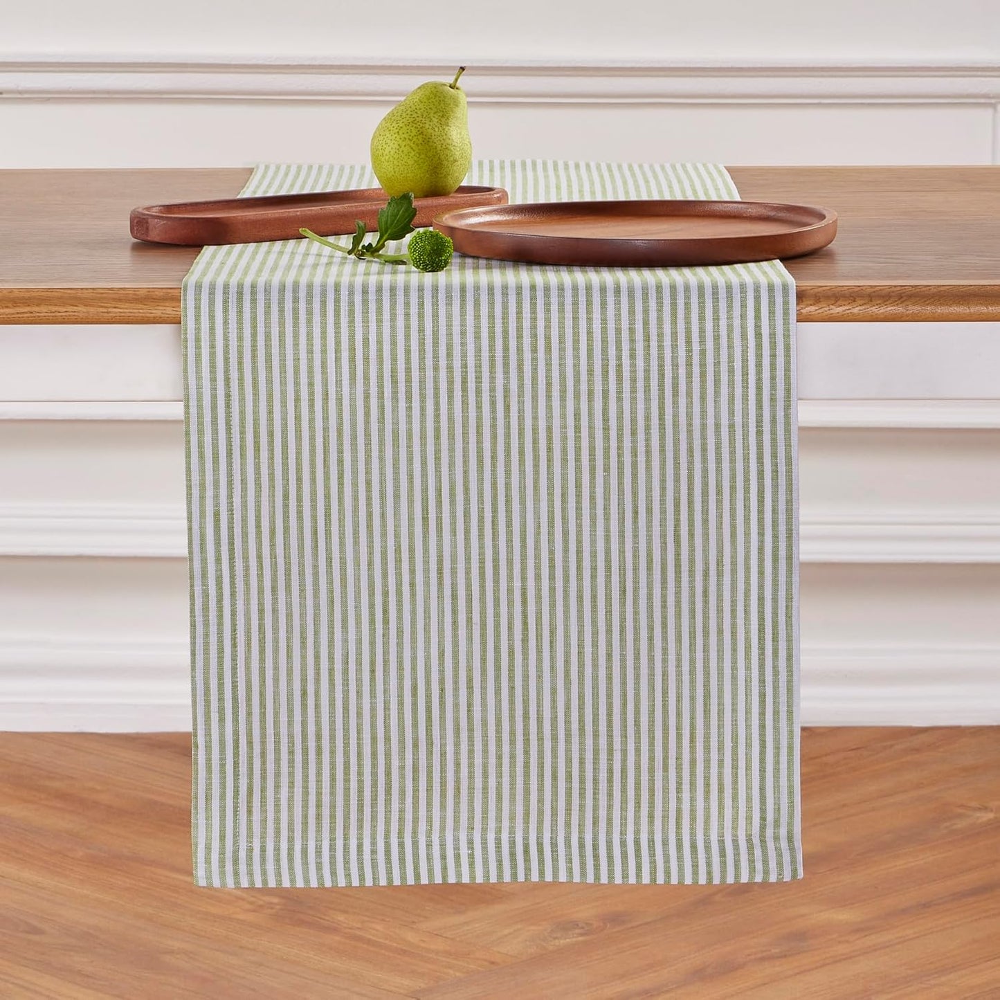 Solino Home Linen Table Runner 144 Inches Long - Narrow Stripe, 100% Pure Linen Avocado and White Table Runner 14 x 144 Inch for Dining, Fall, Autumn, Thanksgiving
