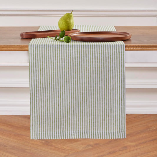 Solino Home Linen Table Runner 144 Inches Long - Narrow Stripe, 100% Pure Linen Avocado and White Table Runner 14 x 144 Inch for Dining, Fall, Autumn, Thanksgiving