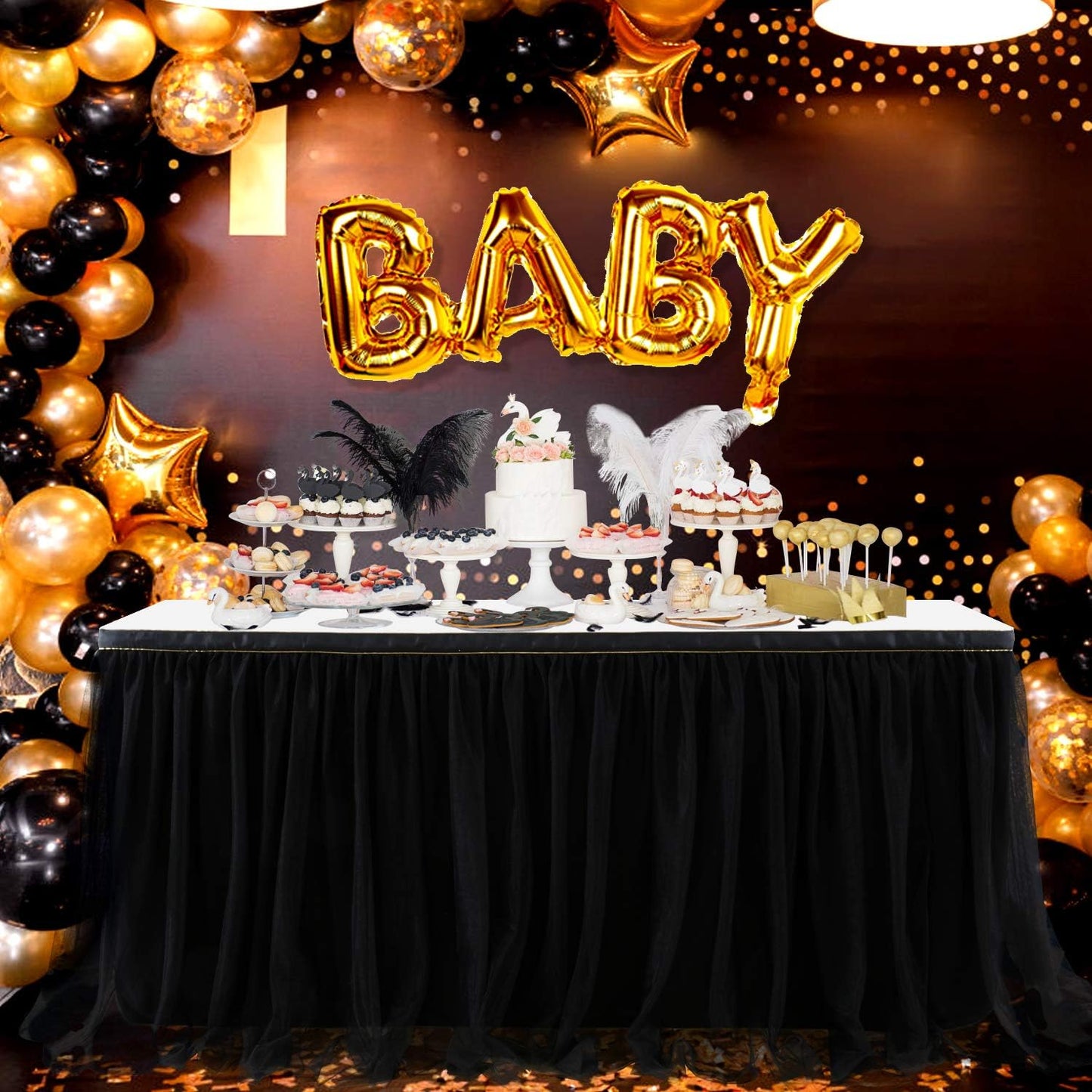 Suppromo Black Tulle Table Skirts for Birthday Party Hallowwen 6ft Ruffle Tutu Black Table Cloth for Rectangle Tables or Round Tables for Baby Shower Graduation Wedding Banquet Buffet Decoraitons