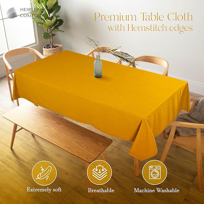 Mustard Yellow Cotton Tablecloth, Table Cloth 52x70 Inch, Fits 4-6 Seats, Soft, Durable, Washable, Wrinkle Resistant, Rectangle Table Cover for Dining, Summer, Festive Meals, Decor