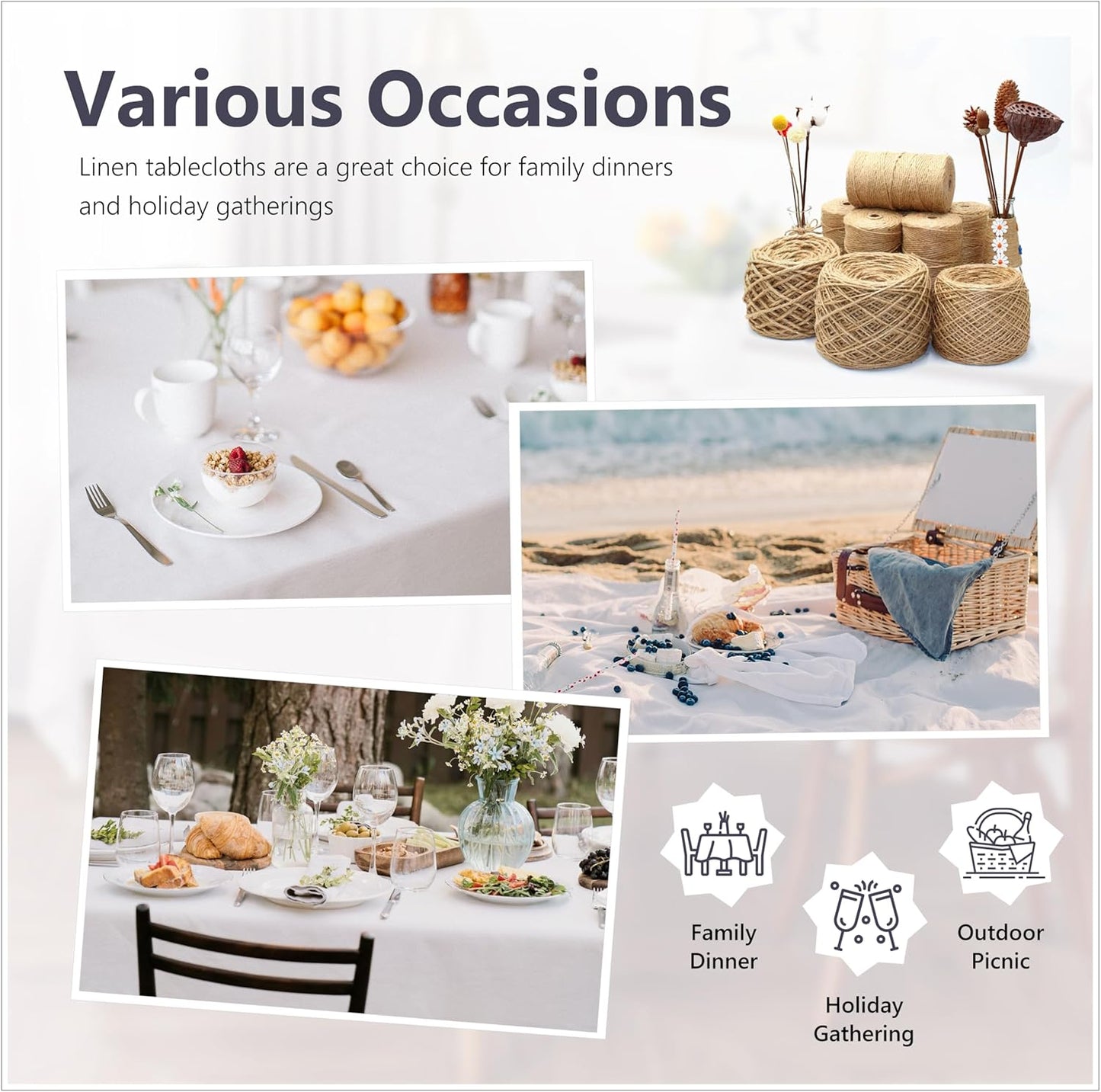 Linen World Linen Tablecloth,100% French Linen White Tablecloth 132" x 90" Inch,Washable Rectangular Tablecloth for Dining,Outdoor,Weddings and Restaurants,Decorative Thanksgiving Christmas