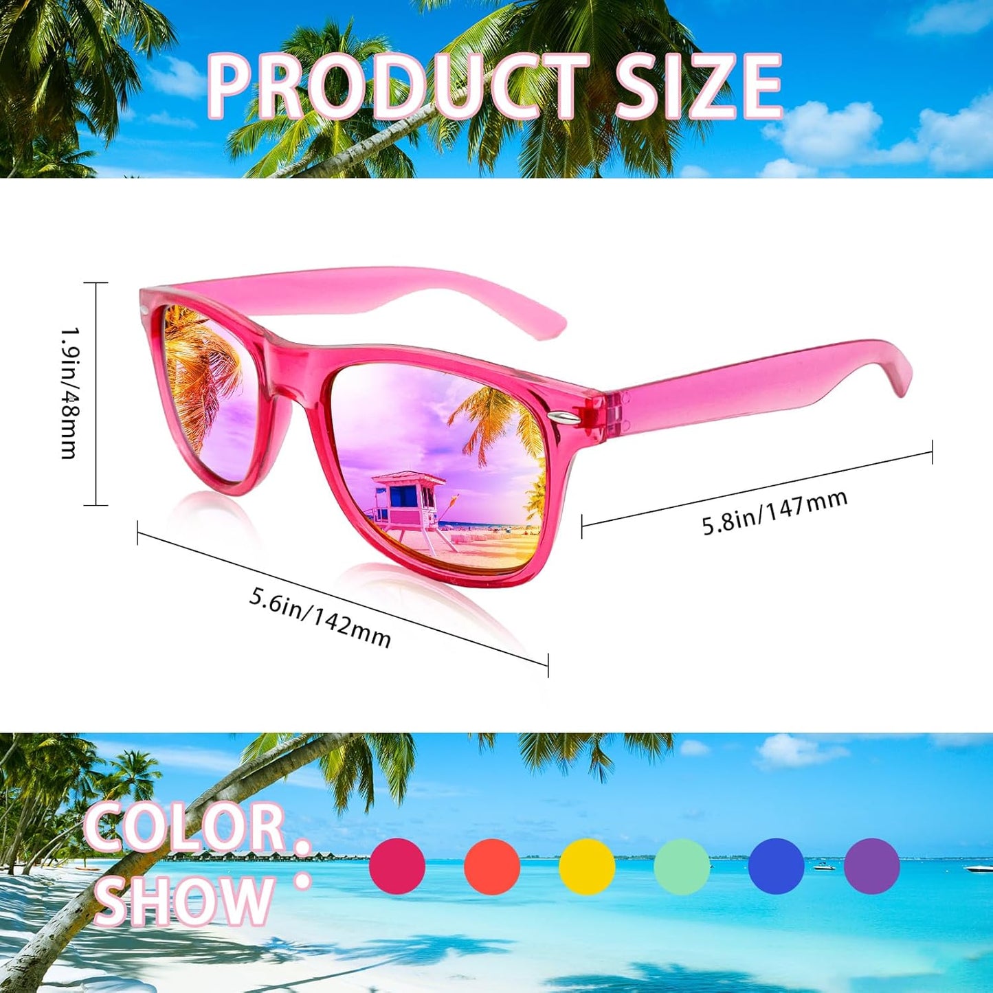 SUNOVELTIES 12/24 Pack Neon Party Sunglasses Mirrored/Jelly Lens Bulk Glasses Horn Rimmed Eyewear for Men Women