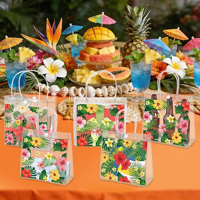H1vojoxo Hawaiian Luau Gift Bags - 24PCS Hawaiian Luau Party Favors Bags Summer Luau PVC Clear Gift Bag with Handle Summer Tropical Palm Leaves Plastic Transparent Gifts Bag for Hawaiian Party Favor
