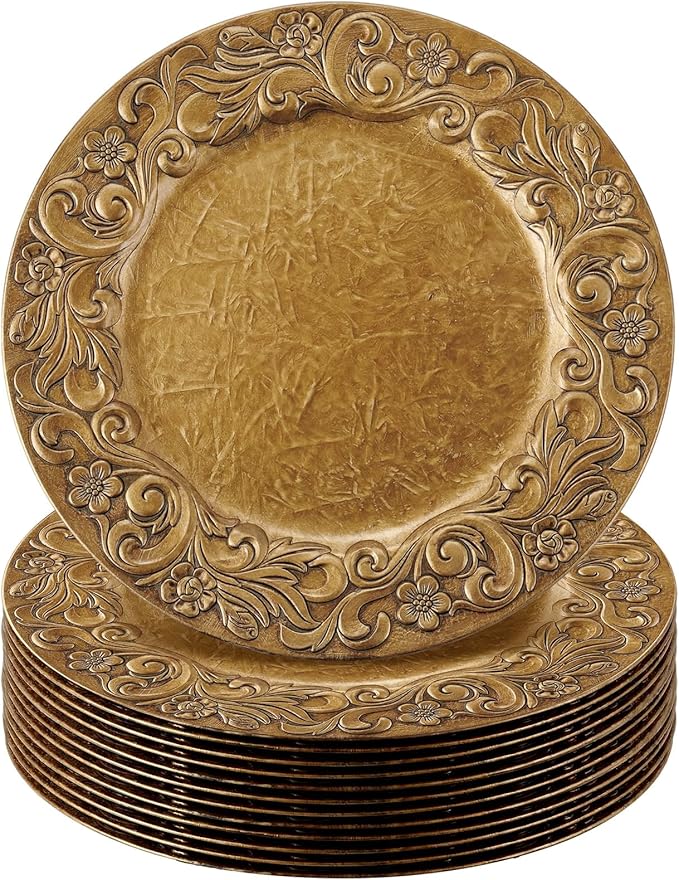 12 Pcs Antique Gold Charger Plates Bulk 13 Inch Embossed Rim Plastic Round Decorative Plates Charger for Dinner Wedding Party Event Table Setting Decoration (Wave-and-floral Frame)