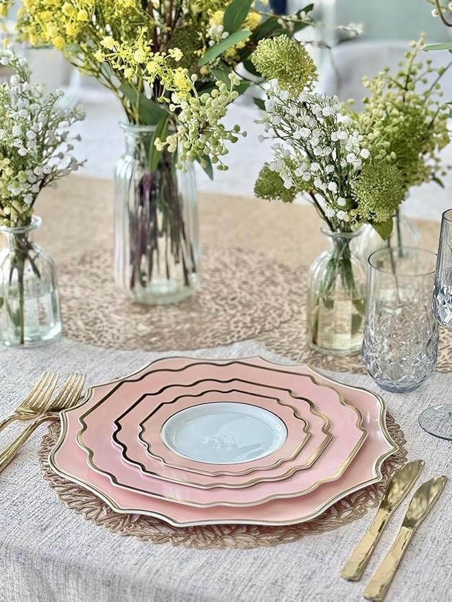 " OCCASIONS " 10 Pieces 13.25'' Scalloped Disposable/Reusable Plastic Charger Plates for Wedding, (Scalloped Imperial Blush & Gold)
