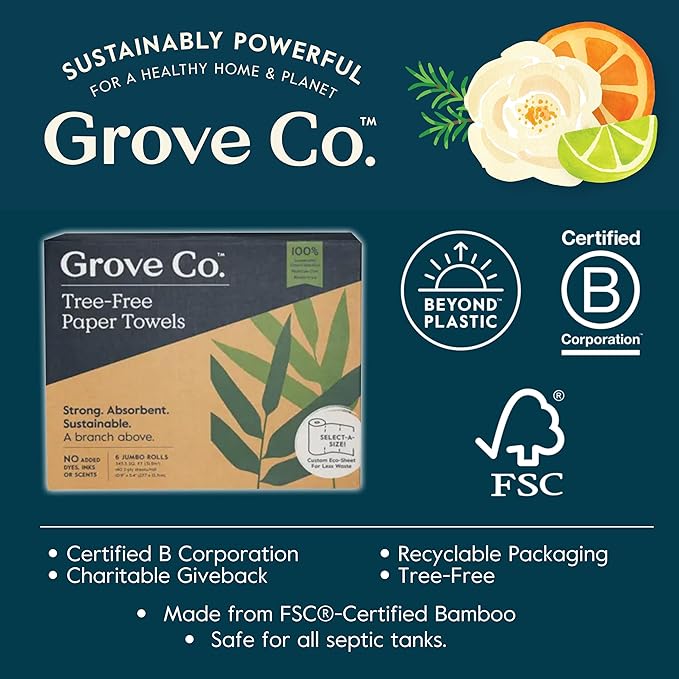 Grove Co. Bamboo Paper Towels, Tree Free & Sustainable Kitchen Paper Towels, Strong & Absorbent with Custom Select Sheets for Less Waste, Zero Plastic Waste. 140 x 2-ply Sheets per Roll, 6 Pack Rolls