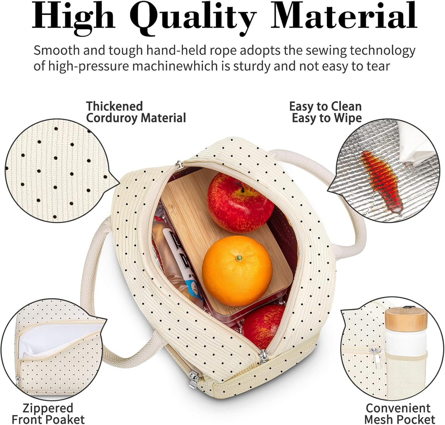 Coobiiya Lunch Bag Lunch Box for Women Men, Reusable Cute Corduroy Lunchbag - Leakproof, Insulated LunchBox Tote with Large Capacity, Dot