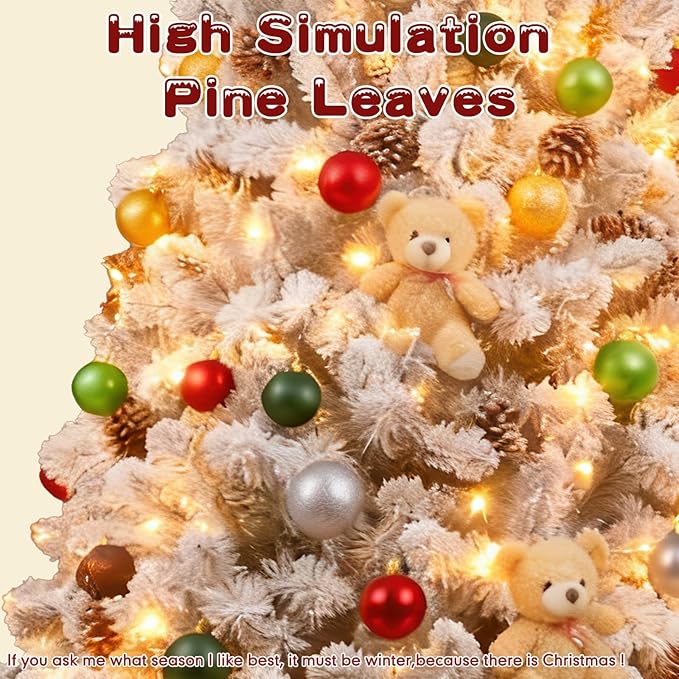 7Ft Warm Christmas Tree,Snow Flocked Artificial Hinged Holiday Christmas Pine Tree,Xmas Tree with 1400 Snow Flocked Branch Tips for Home,Office,Party Decoration