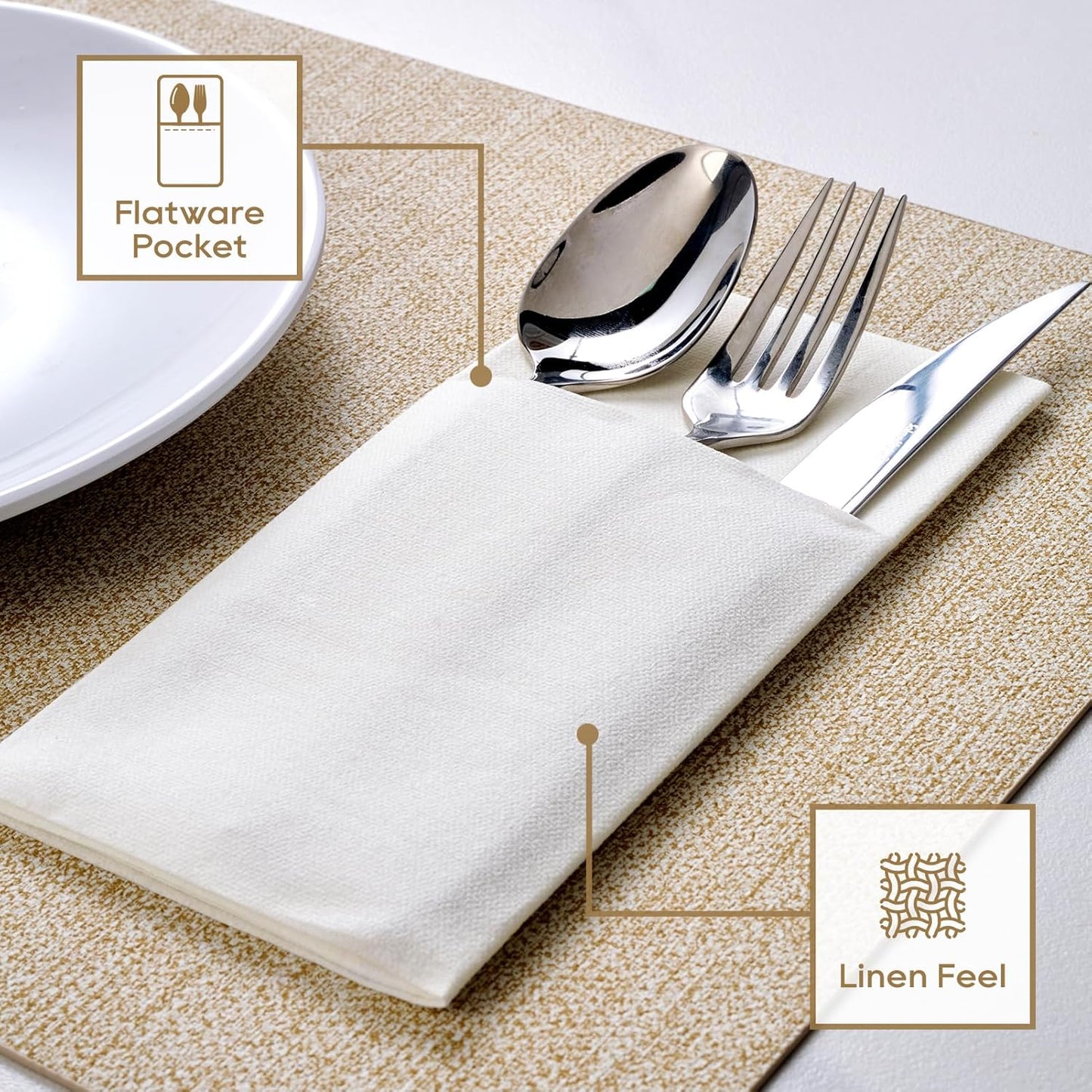 FOCUSLINE 200 Count Disposable Cloth-Like Napkins, Built-in Flatware Pocket, Prefolded Linen Feel White Napkins