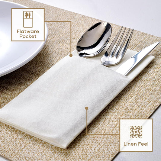 FOCUSLINE 50 Count Disposable Cloth-Like Napkins, Built-in Flatware Pocket, Prefolded Linen Feel White Napkins