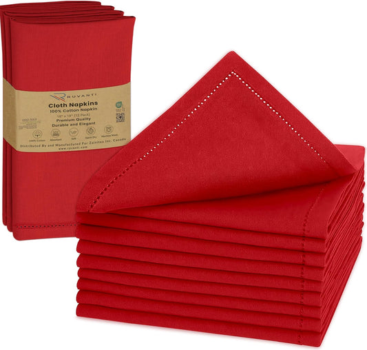 Ruvanti Cloth Napkins - 100% Cotton Dinner Napkins, Hem Stitched Corners, 18x18 Inch, 12 Pack - Soft, Absorbent, Durable, Reusable, Wrinkle Resistant for Formal Dining & Everyday Use - Flame Scarlet