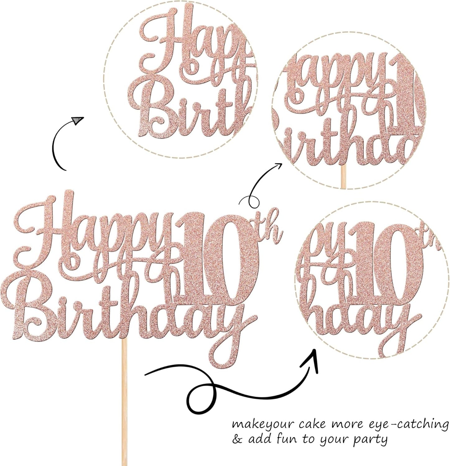 1 PCS Happy 10th Birthday Cake Topper Glitter Cheers to 10 Years Birthday Cake Pick 10 Fabulous Double Digits Cake Decoration for Happy 10th Birthday Theme Party Decorations Supplies Rose Gold